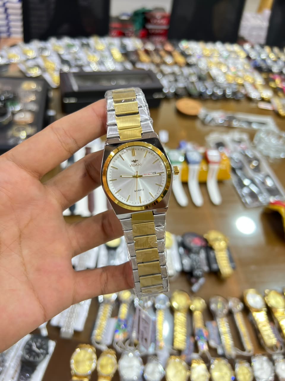 WOKAI Men's Stainless Steel Quartz Watch – Green Dial & Gold-Silver Bracelet