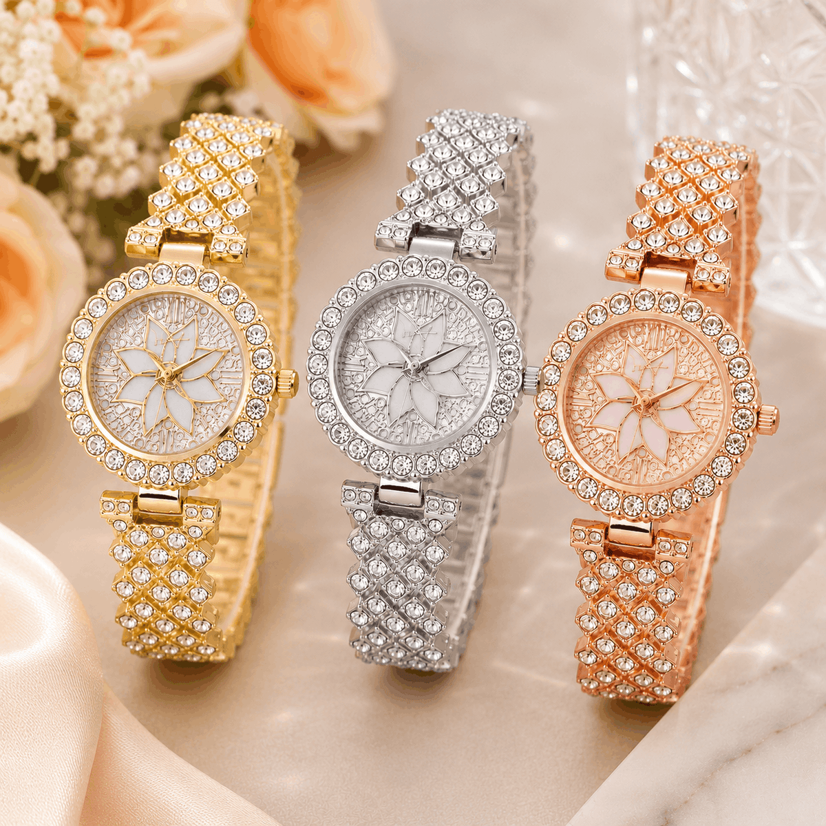 Luxury Women's Floral Crystal Quartz Watch – Elegant Rhinestone Bracelet