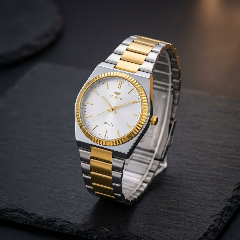 WOKAI Men's Stainless Steel Quartz Watch – Green Dial & Gold-Silver Bracelet