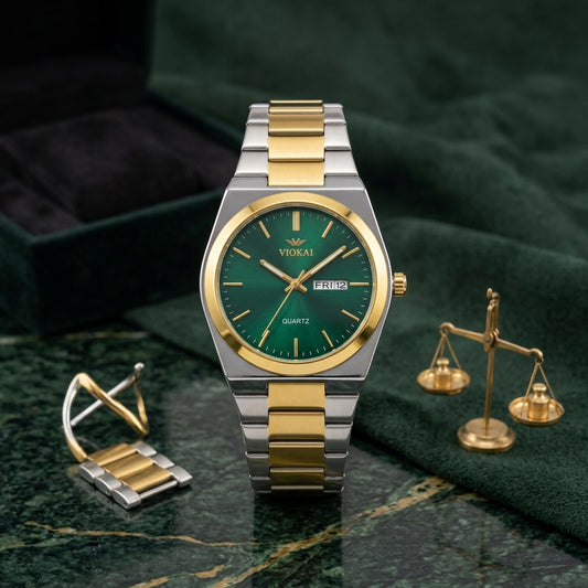 WOKAI Men's Stainless Steel Quartz Watch – Green Dial & Gold-Silver Bracelet
